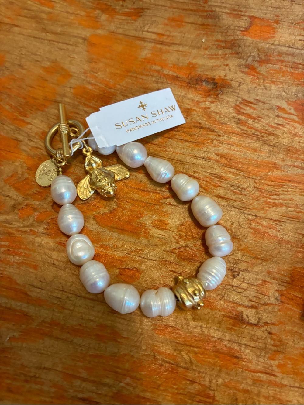 Susan Shaw White Pearl and Gold Bee Charm Bracelet